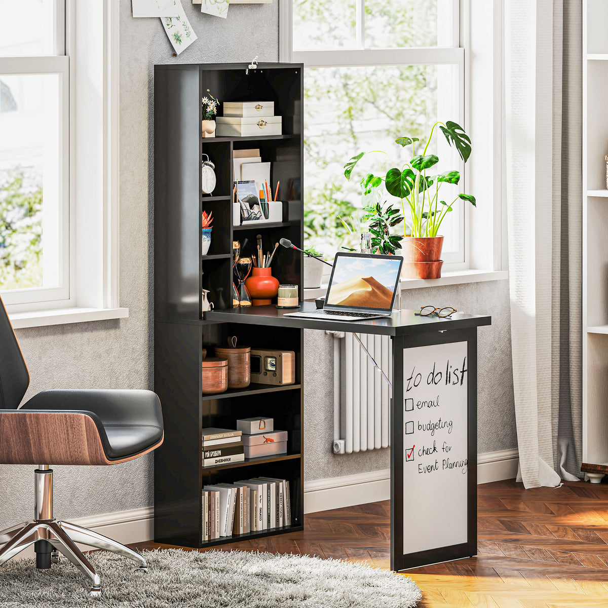 HOMCOM Modern Folding Desk with Bookcase and Blackboard, Wood and Metal, 98x51x153 cm, Black
