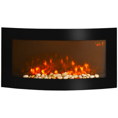 Electric Fireplace Wall and Built-in with 7-Color LED Light, Power 1000/2000W and Temperature 15-30°C, Black