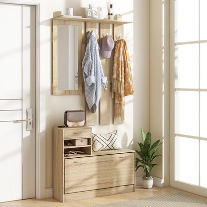 TWENTY | Coat Stand 3 in 1 with Shoe Rack and Mirror, Hooks and Drawers, in Wood, 90x24x177 cm, Oak color