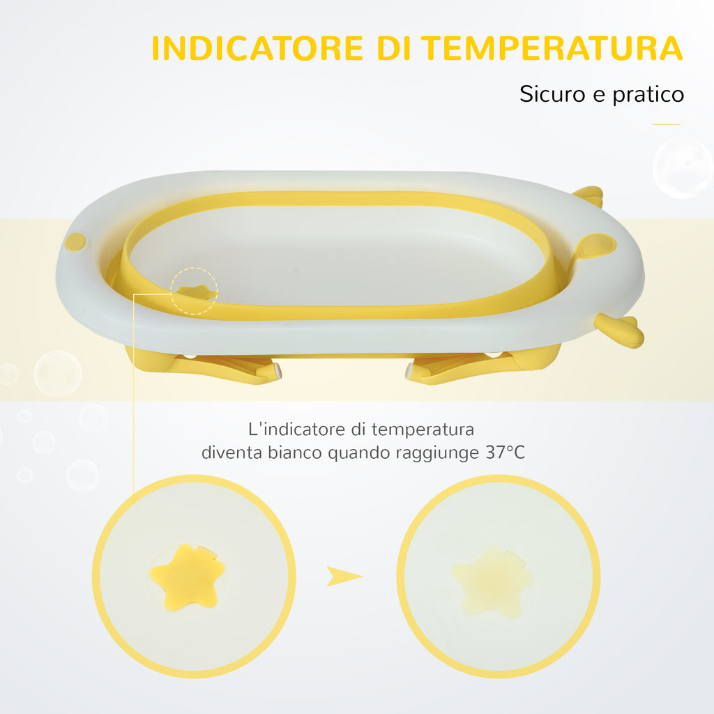 Foldable Bathtub for Children 0-3 Years with Temperature Indicator and Cushion, 81.5x50.5x23.5 cm, Yellow