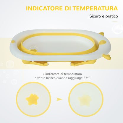 HOMCOM Foldable Baby Bath Tub for Children 0-3 Years with Temperature Indicator and Pillow, 81.5x50.5x23.5 cm, Yellow