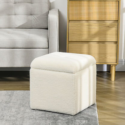 Soft Teddy Fabric Padded Storage Pouf for Living Room and Bedroom, 39x39x39cm, Cream