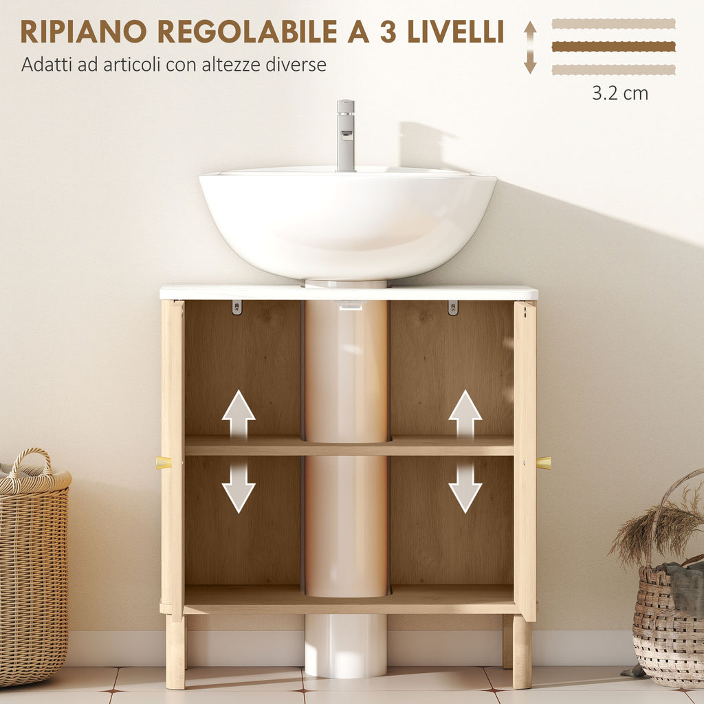 2-Door Vanity Unit with Marble Effect Shelf and Adjustable Shelf, Oak