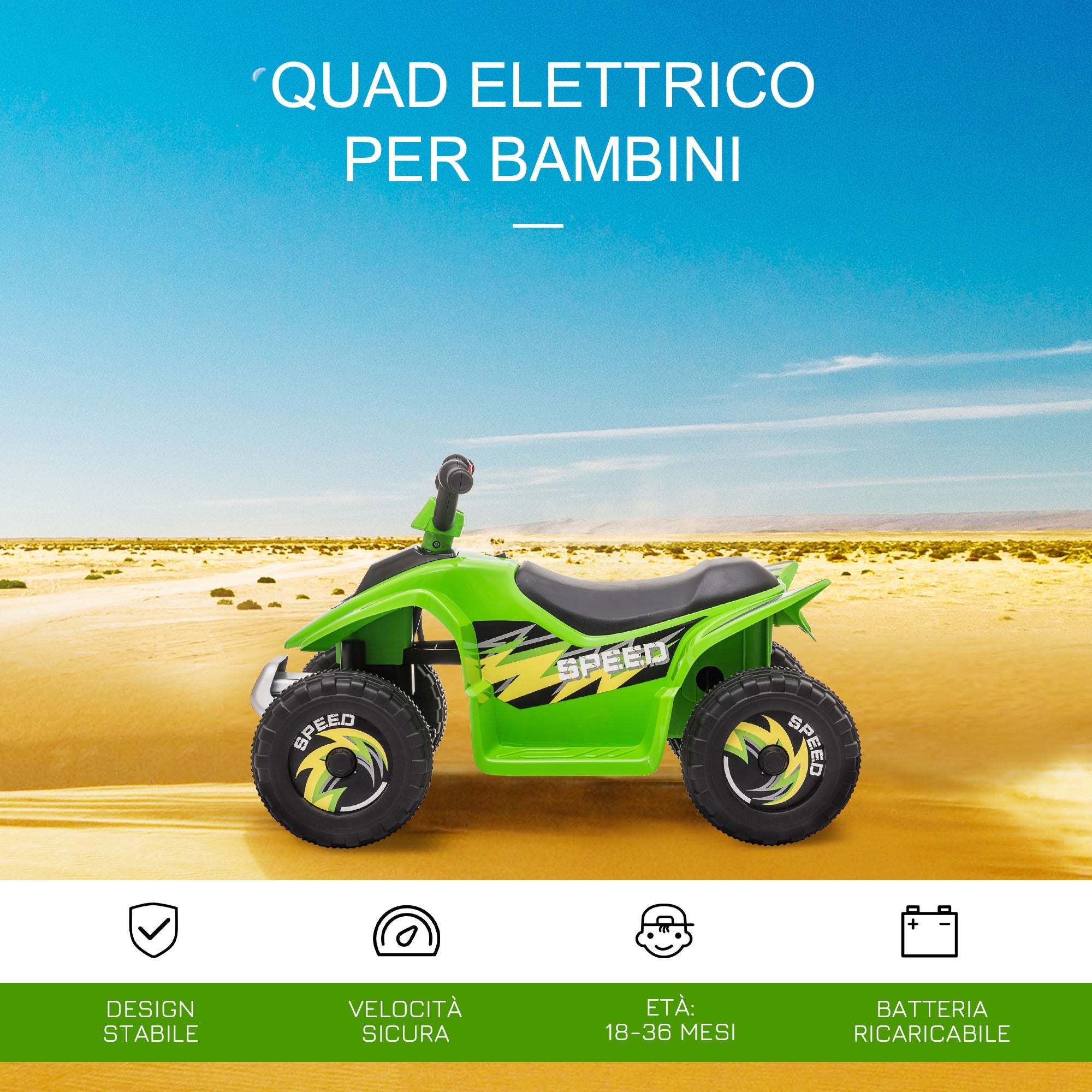 Electric Quad Bike for Kids with 6V Rechargeable Battery and Forward and Reverse Gear, 72x40x45.5 cm, Green