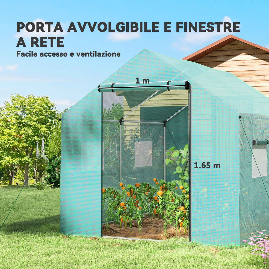 Outsunny 2x3x2 m Tunnel Greenhouse with Roller Doors and Windows and Pointed Roof, in Steel and PE, Green