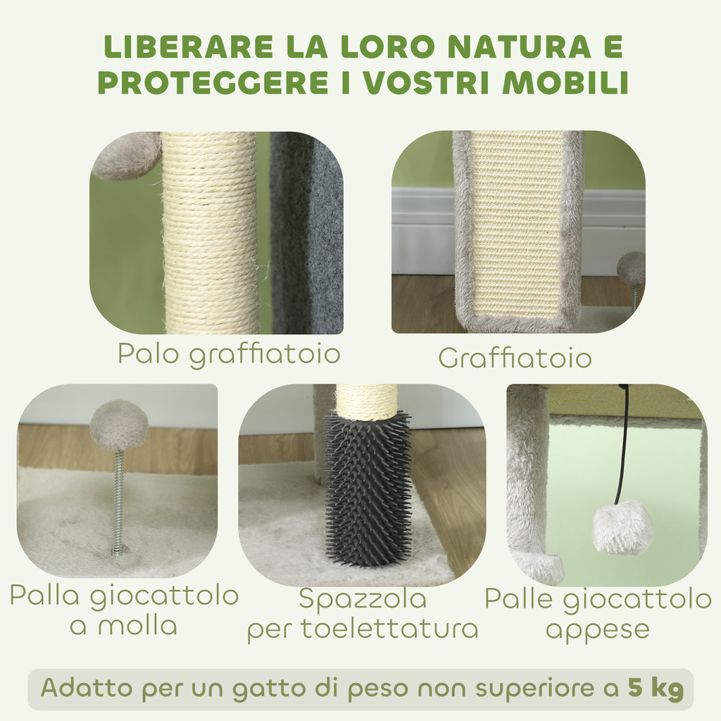 Multi-Level Cat Tree, 104 cm Tall, with House, Bed, Scratching Posts, Brush and Ball, Grey