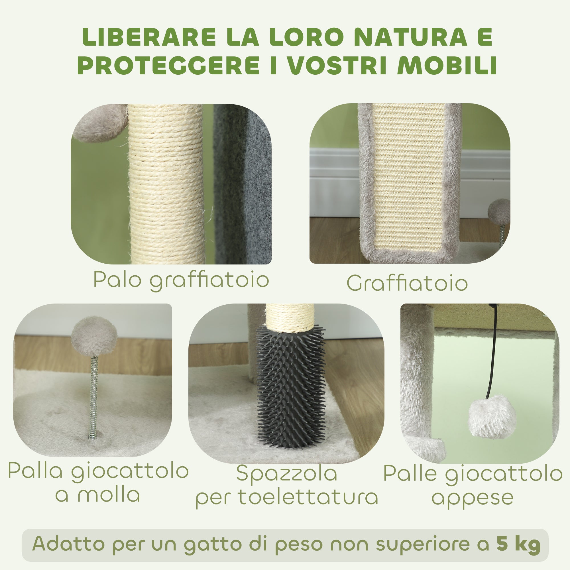 Multi-Level Cat Tree, 104 cm Tall, with House, Bed, Scratching Posts, Brush and Ball, Grey