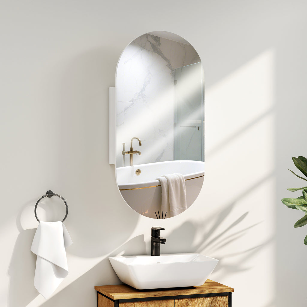 Modern Oval Bathroom Mirror with Cabinet and Two Shelves, 45x90 cm, White