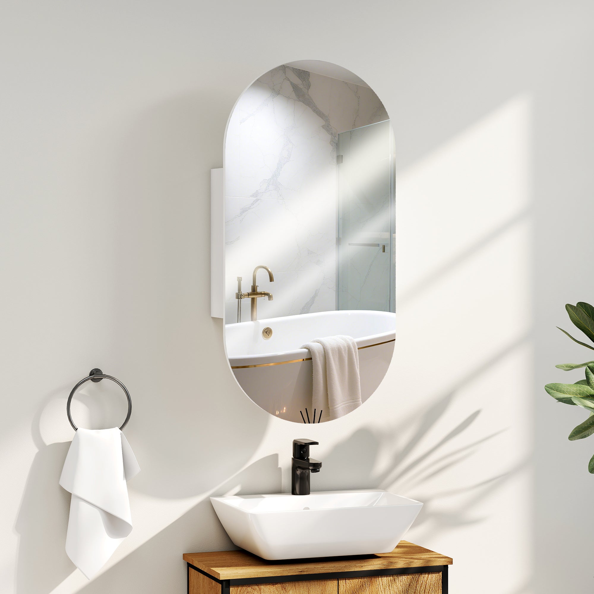 Modern Oval Bathroom Mirror with Cabinet and Two Shelves, 45x90 cm, White