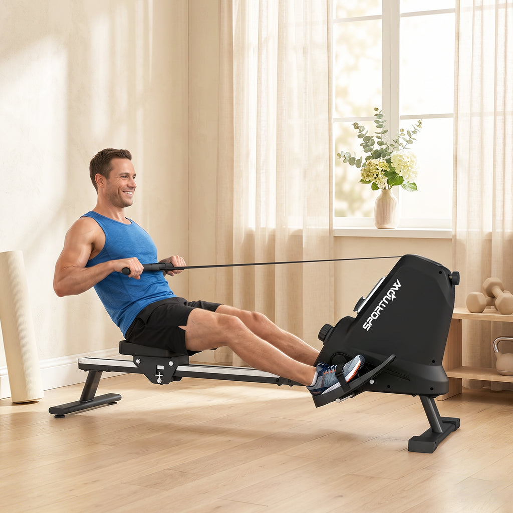 SPORTNOW Rowing Machine, 16 Levels Magnetic Resistance, Aluminum Track, Bluetooth, APP Compatible.