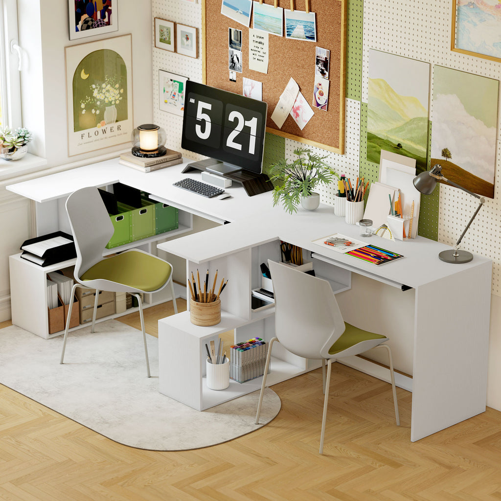Modern Corner Desk with Sliding Keyboard Tray and 4-Tier Bookshelf, White