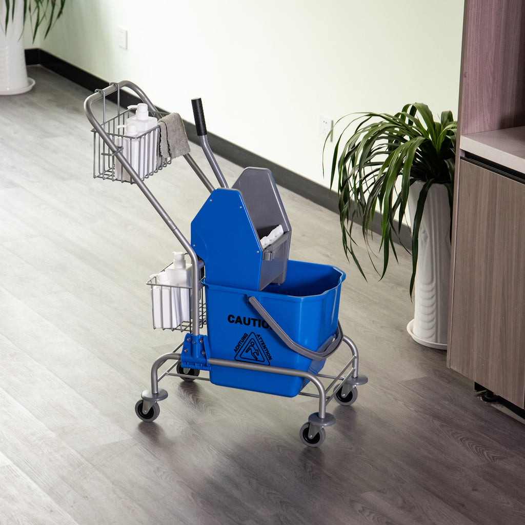 Professional Cleaning Trolley with 26L Bucket for Mop, Wringer and Mesh Baskets, Blue
