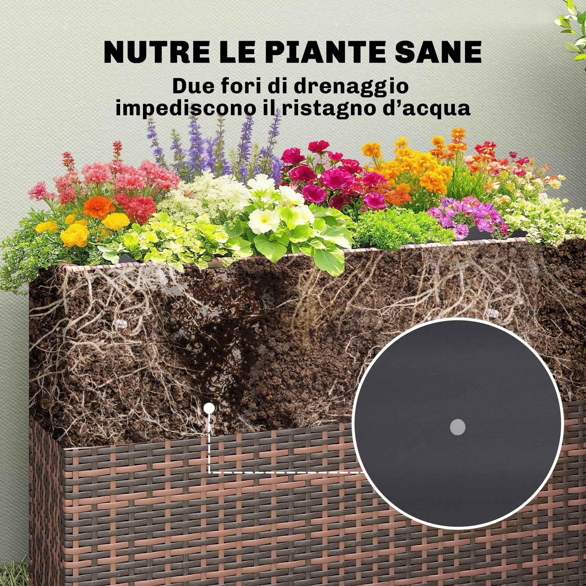 Outsunny 45L Outdoor Rattan Raised Garden Bed with Drainage Holes and Adjustable Feet, Brown