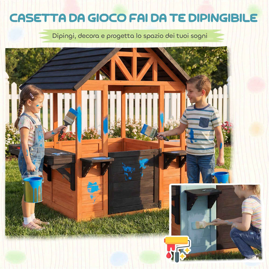 Wooden Playhouse, Indoor/Outdoor Playhouse for Children Ages 3-8 with Table and Benches, Brown