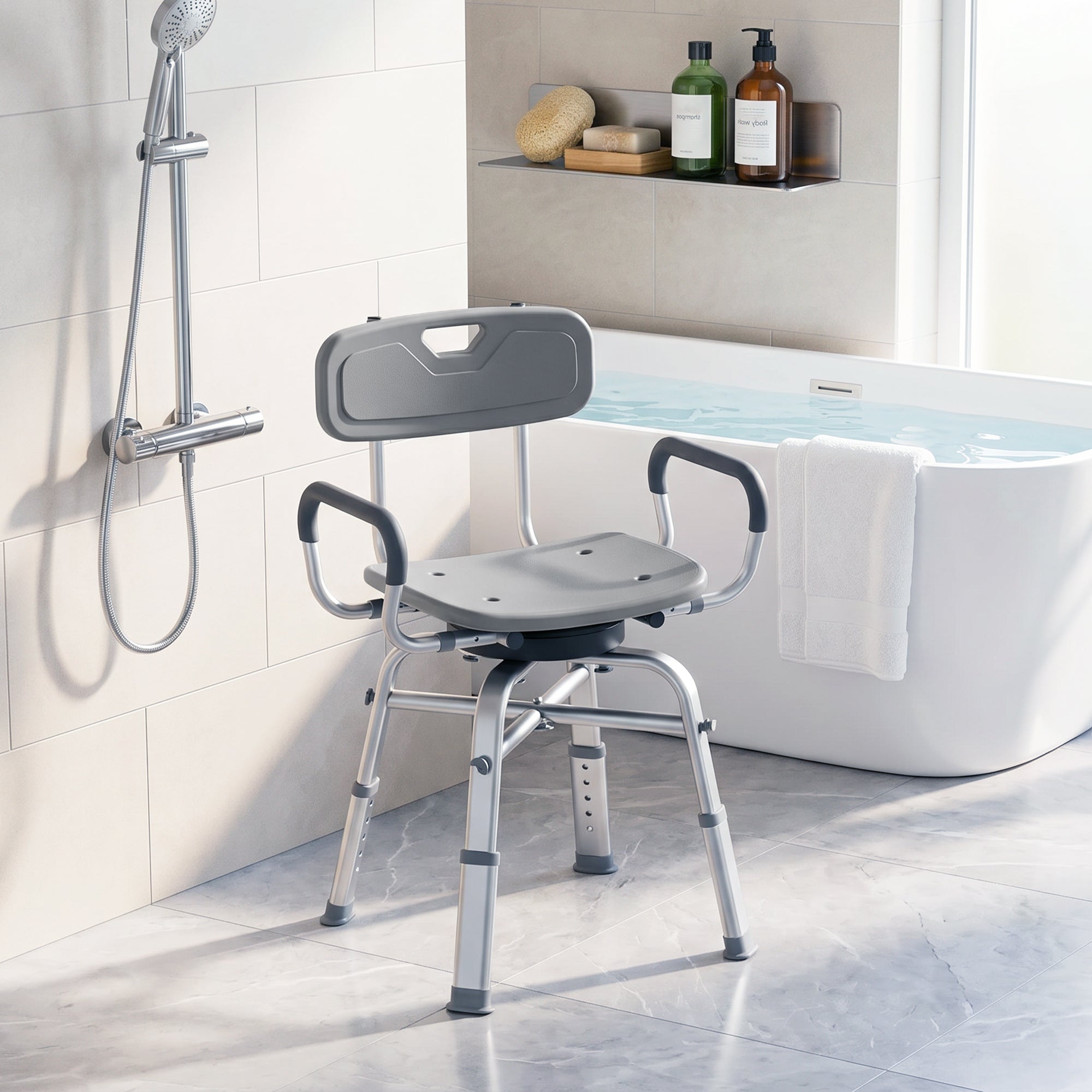 HOMCOM Height-Adjustable Swivel Shower Chair with Armrests, Backrest, 150kg Capacity, Grey