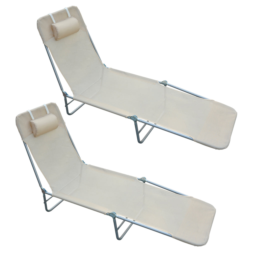 Outsunny Set of 2 Folding Sun Loungers with 4-Level Reclining Backrest, Metal and Mesh Fabric, Beige