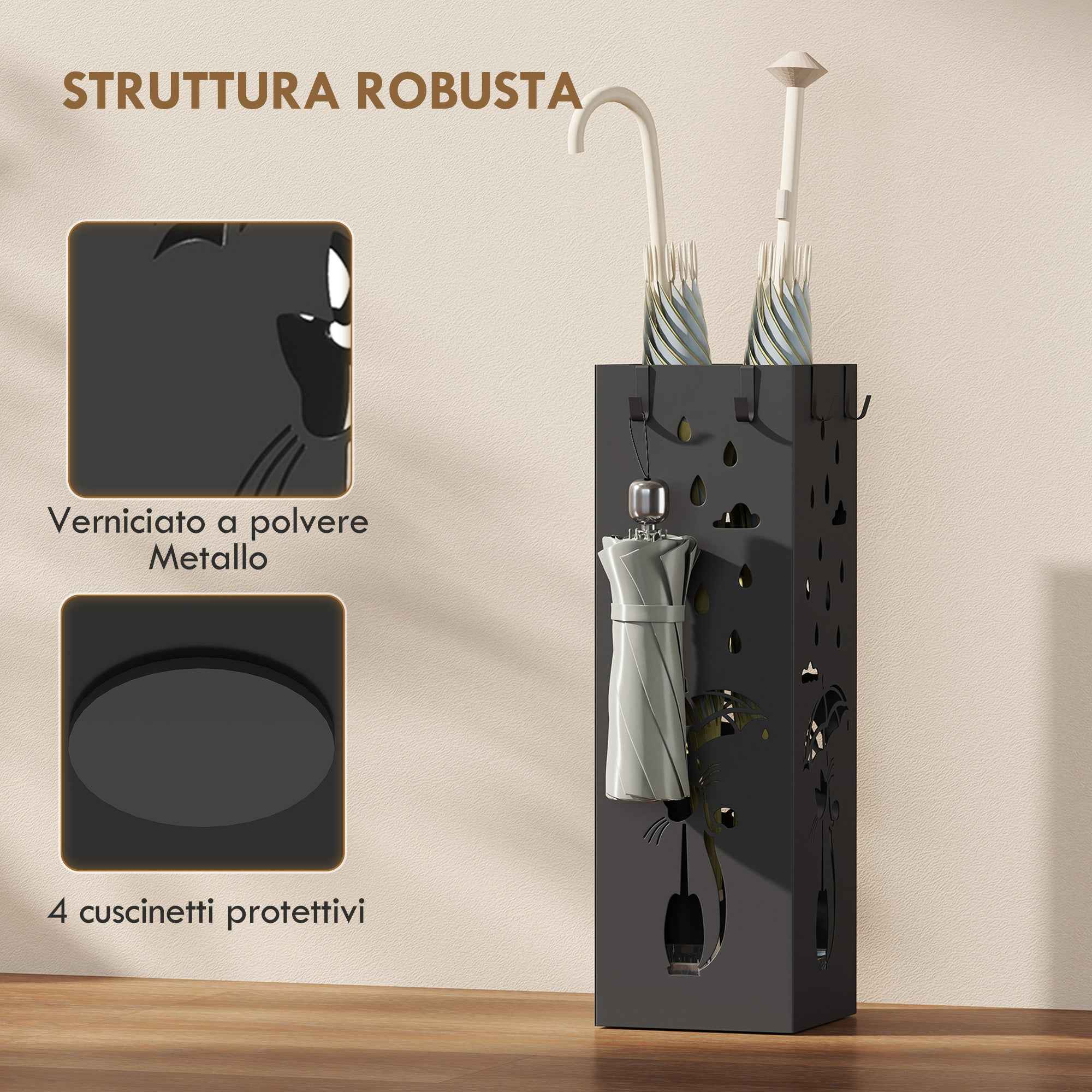 HOMCOM Modern Umbrella Stand with Drip Tray and Metal Hooks, 15.5x15.5x49 cm, Black