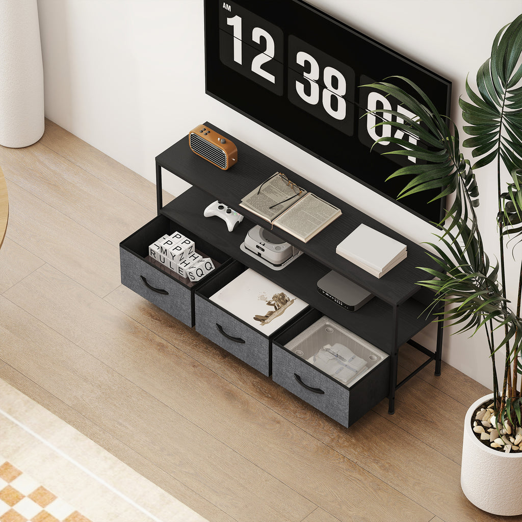 HOMCOM 55" TV Stand with Folding Fabric Drawers and Metal and MDF Shelf, 120x29x56cm, Black