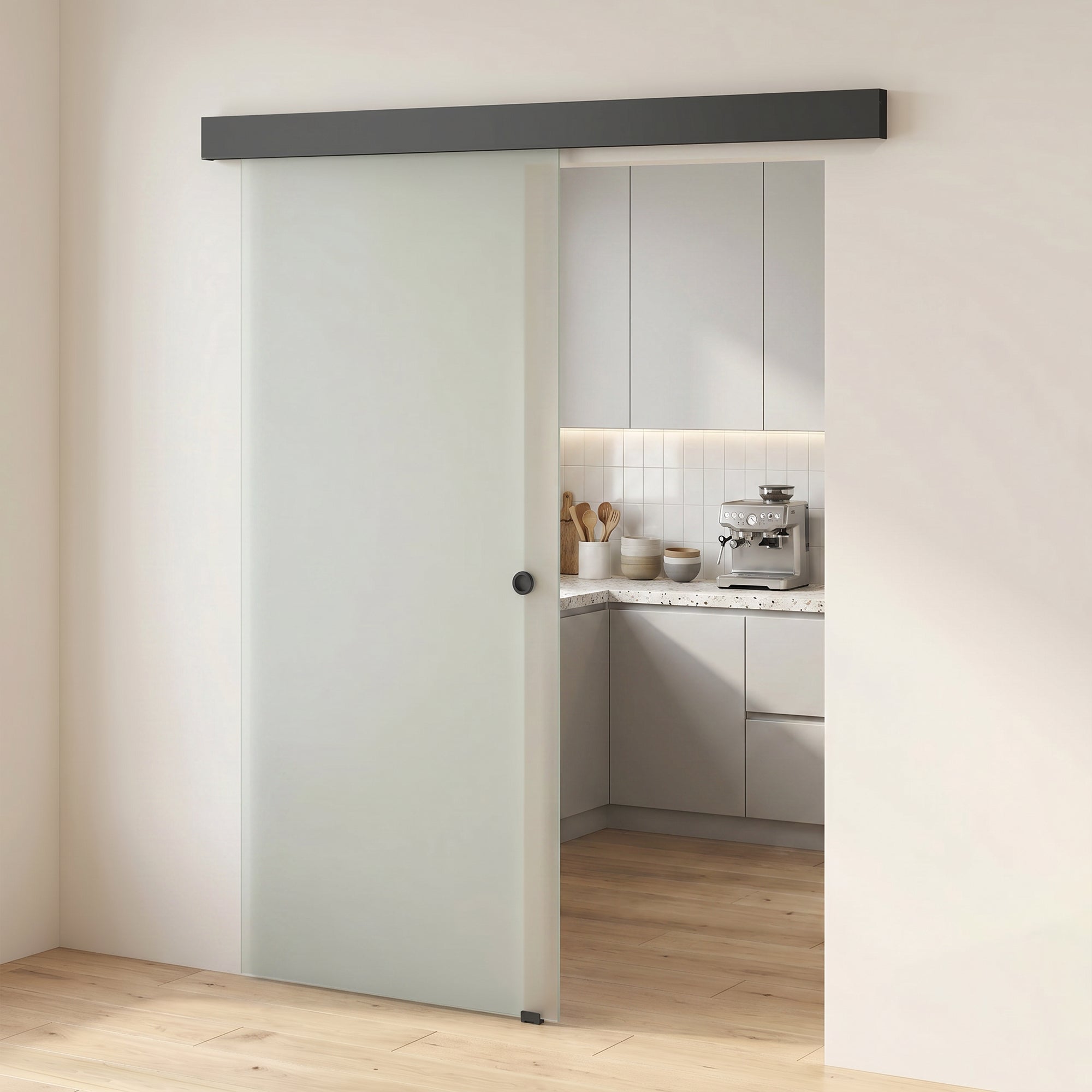 HOMCOM Sliding Door in Sandblasted Tempered Glass with Silent Track and Guide, 77.5x205 cm, Transparent