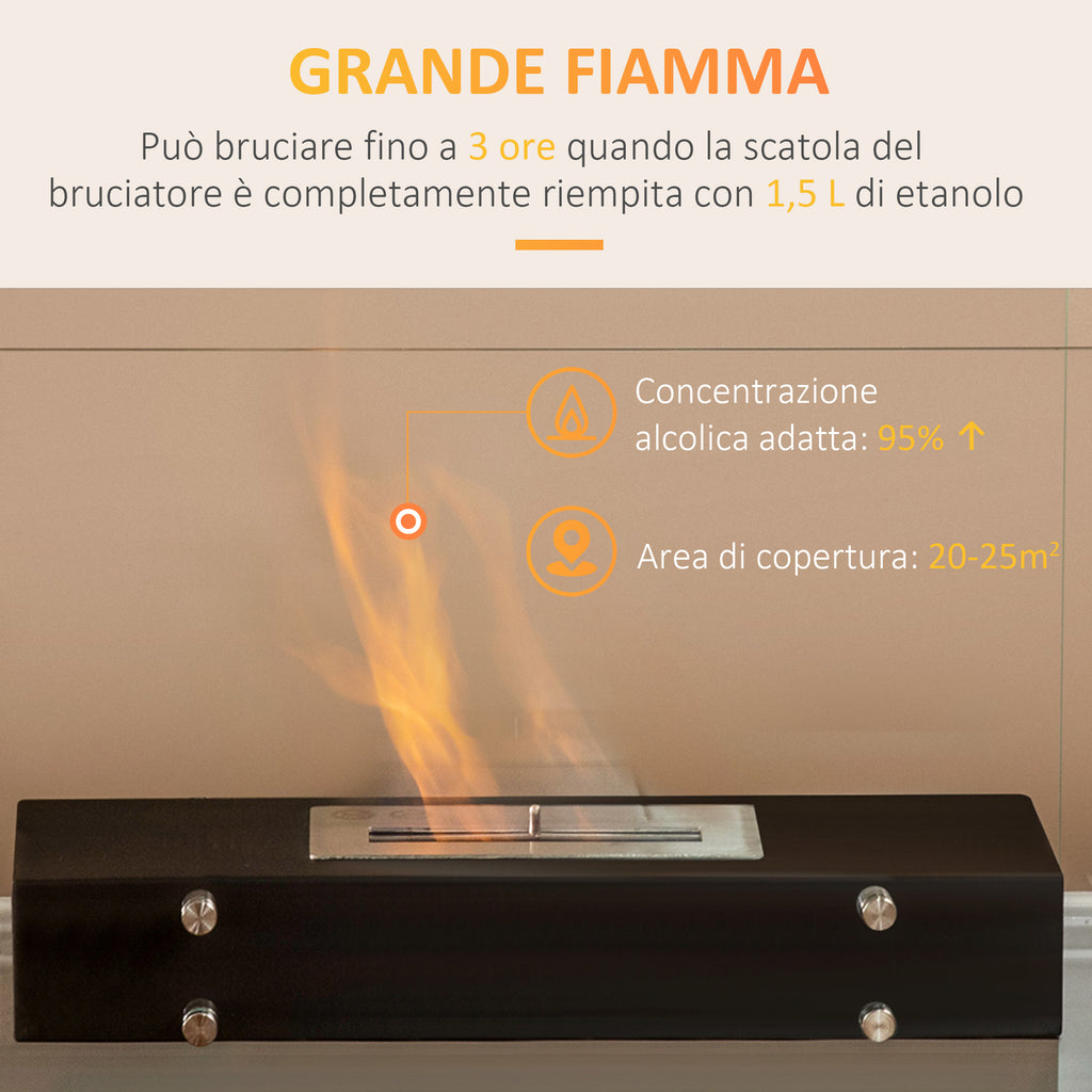 Bioethanol Fireplace in Metal and Glass, 3h of Combustion with 1.5L Tank and 25m² Coverage, 60x26x50 cm, Black