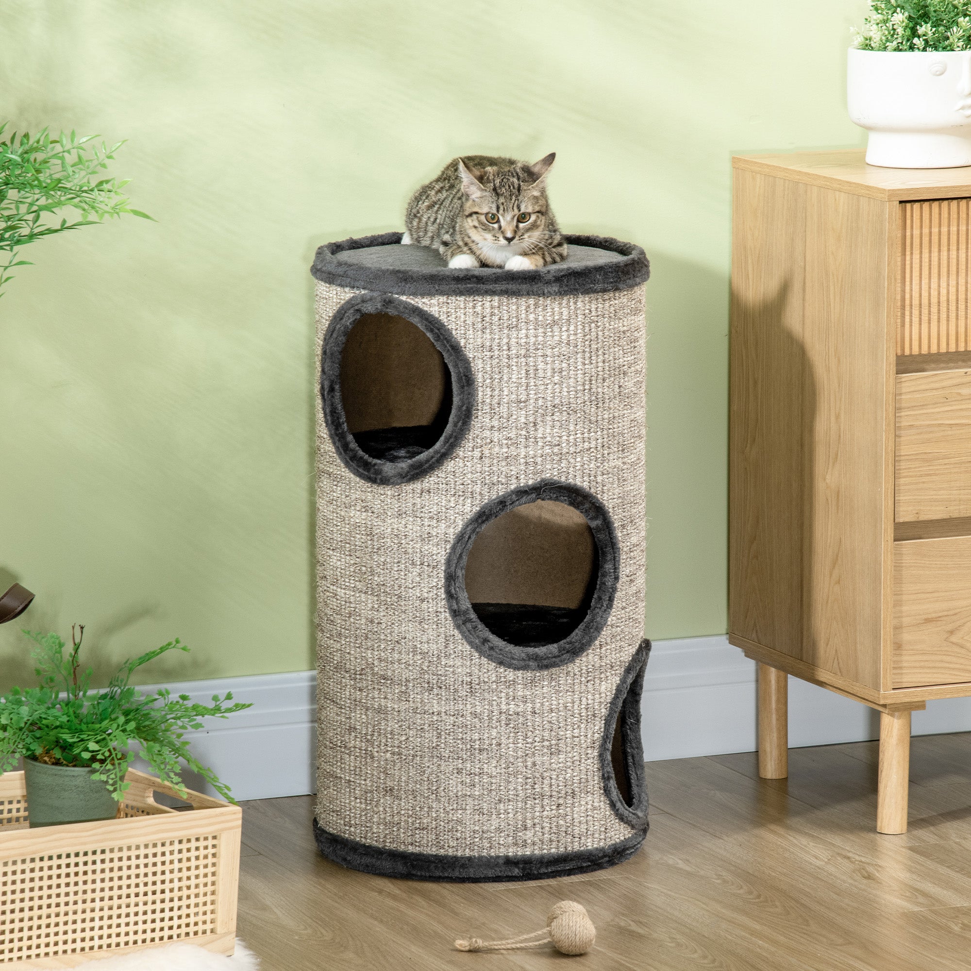 3-Tier Cat House with Sisal Scratching Post and Plush, Ø38x70cm, Grey