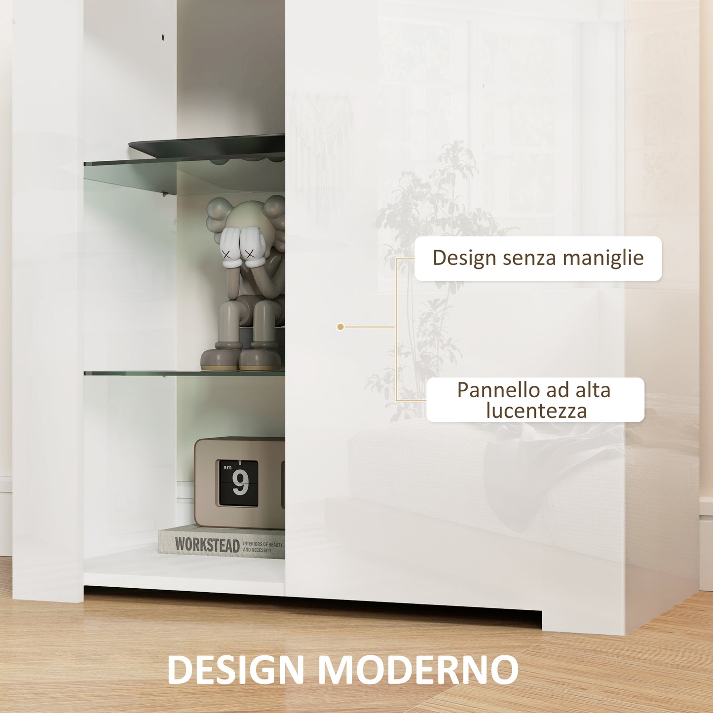 LED Storage Cabinet with 3 Open Shelves and 2-Tier Cabinet, Wood and Glass, 75x40.1x83 cm, White