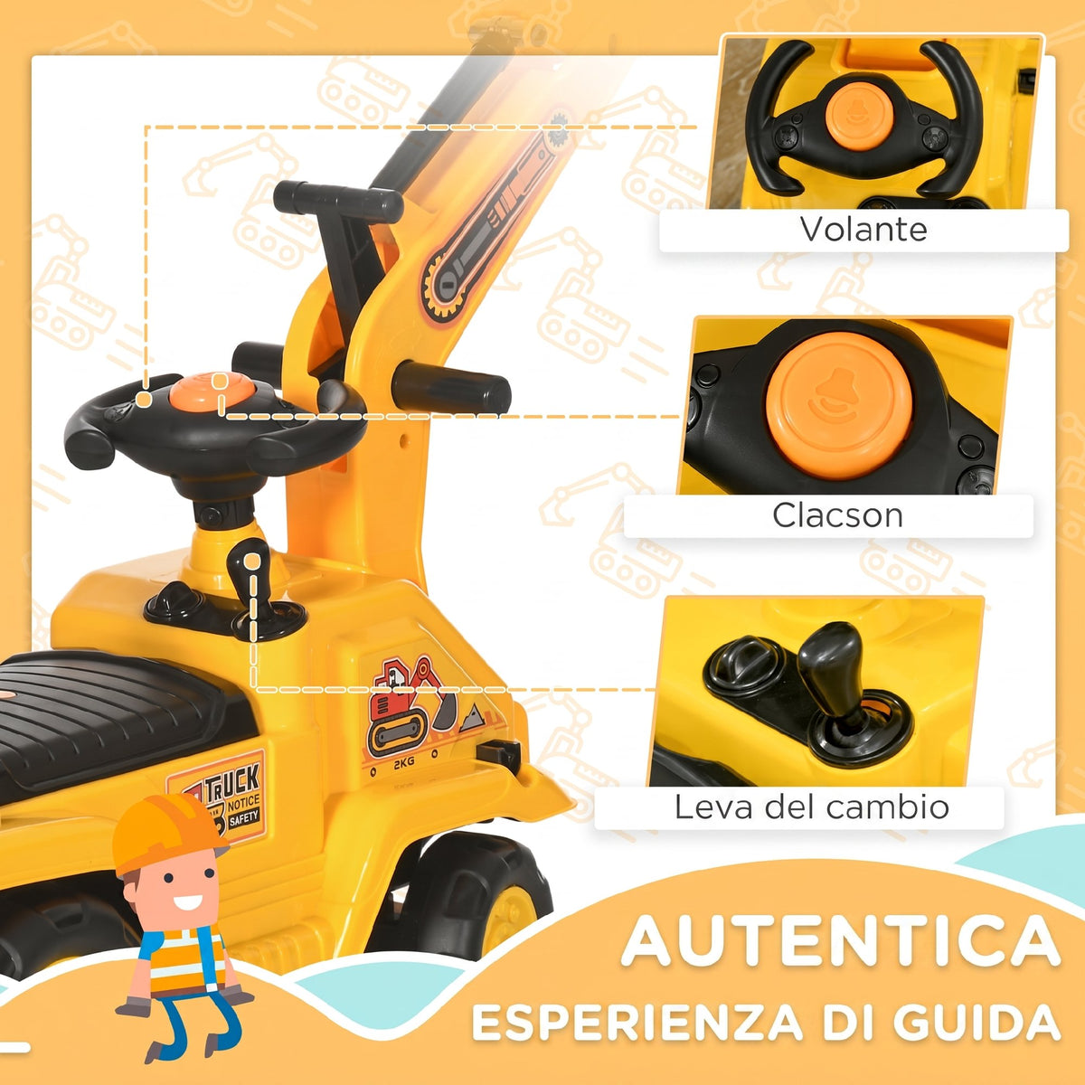 HOMCOM Kids Excavator with Bucket and Storage, Horn, Steering Wheel, 18-48 Months, Yellow