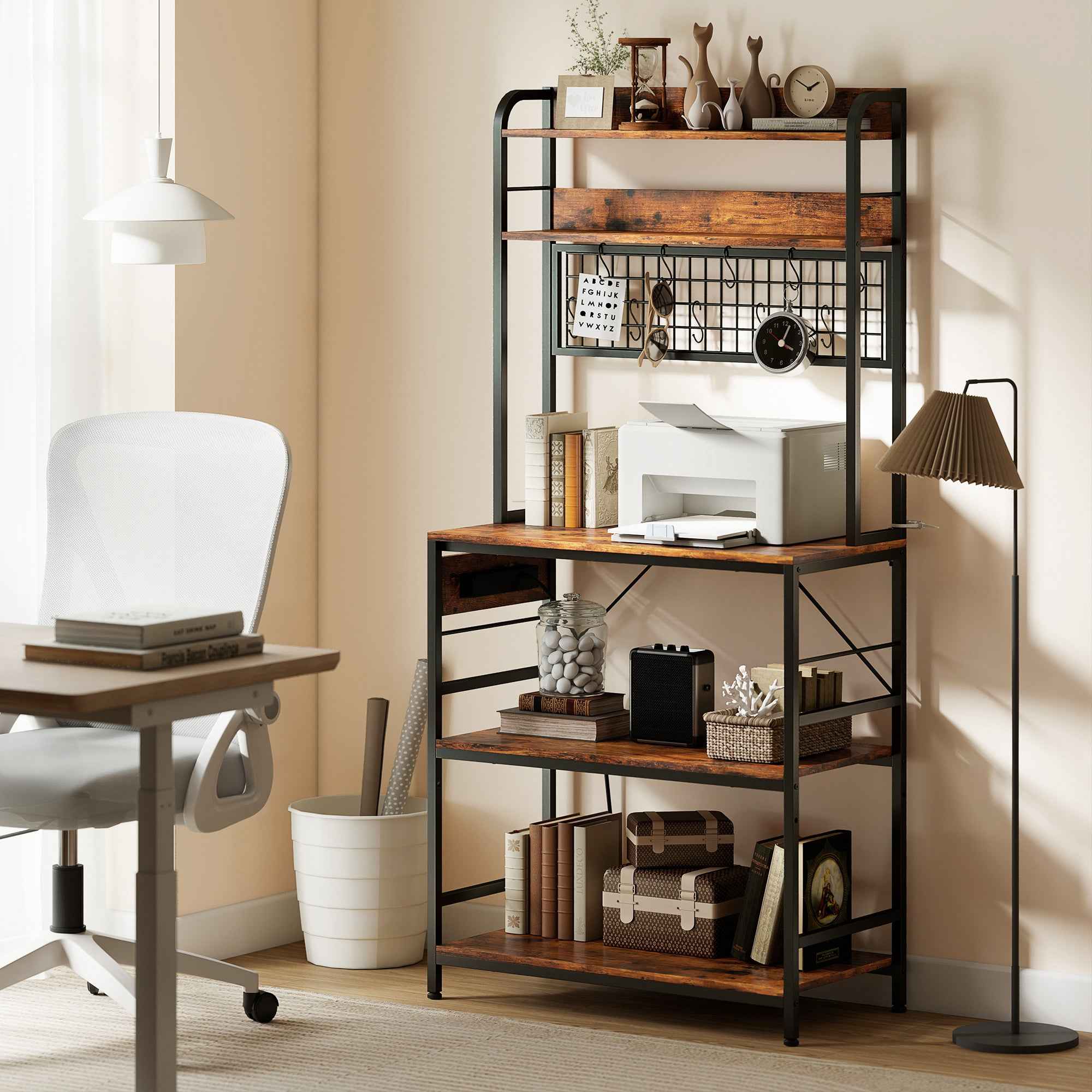 HOMCOM Kitchen Shelf with Charging Station, 5 Shelves and 10 S-Hooks, Wood and Steel, 80x40x170 cm, Brown