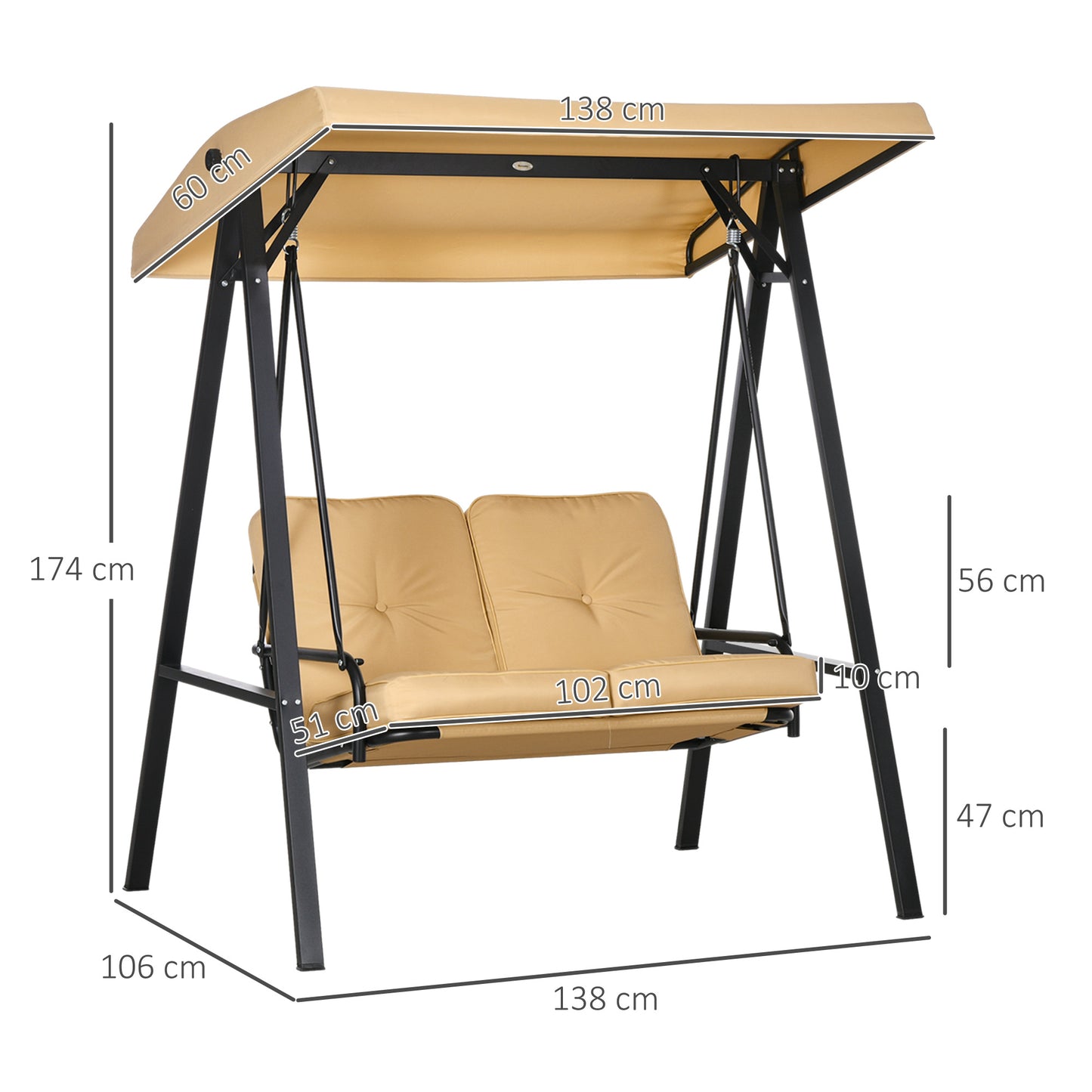 Outsunny 2-seater swing in steel and Teslin fabric with adjustable canopy and cushions, 138x106x174 cm, Beige - Borgè