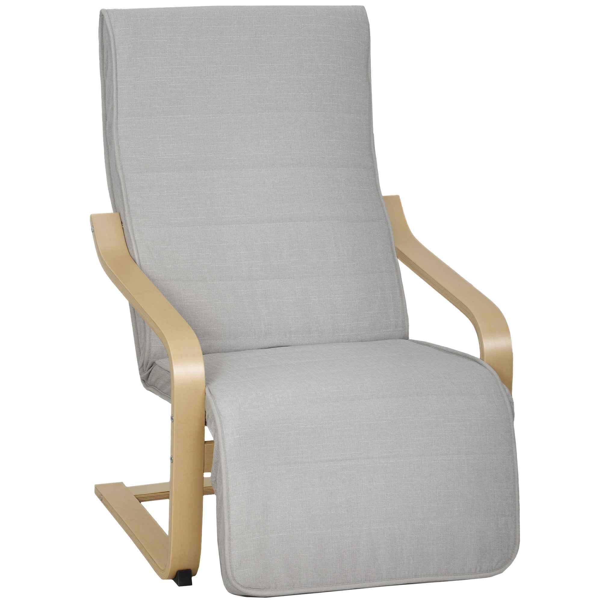 HOMCOM Birch Wood and Linen-Effect Fabric Bedroom Armchair with Adjustable Footrest, Light Grey
