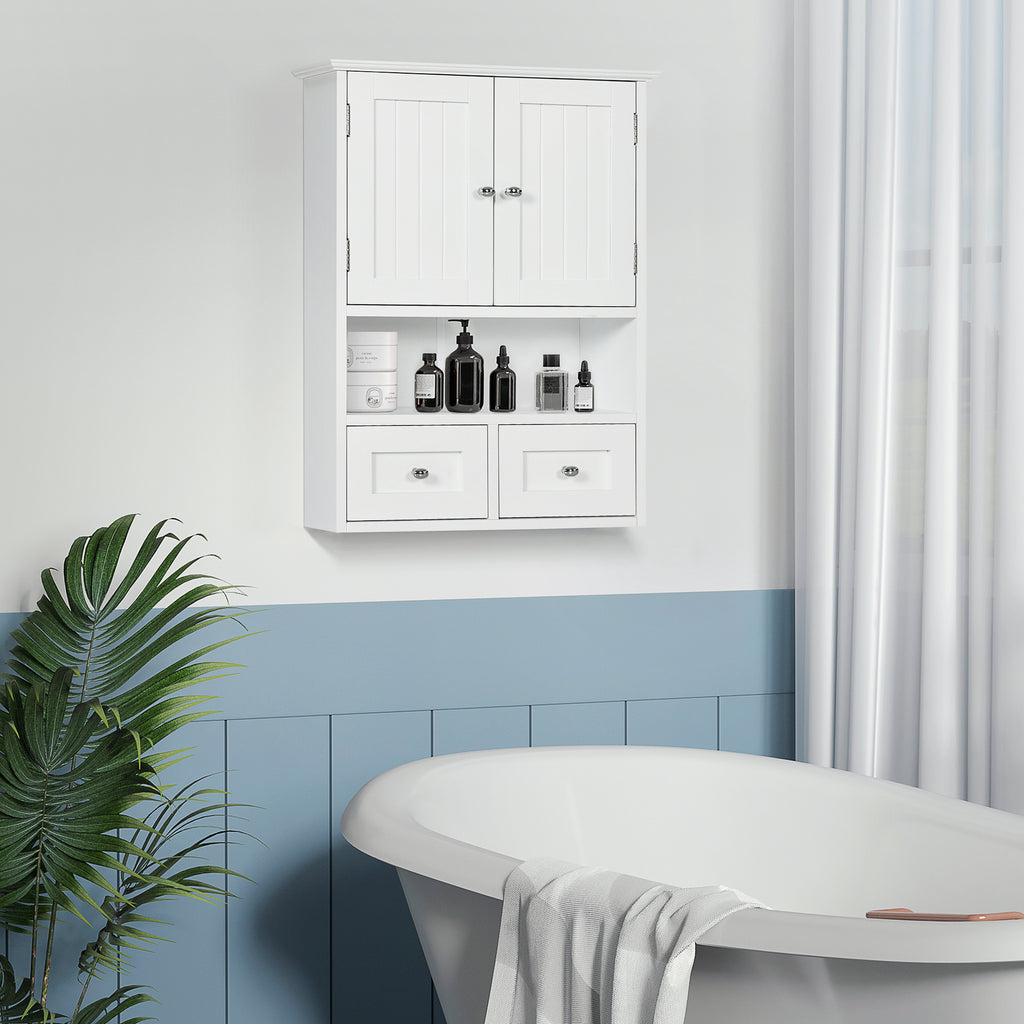 2 Door Bathroom Wall Cabinet with Open Shelf and 2 Wooden Drawers, White