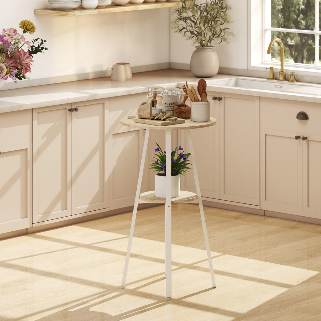 HOMCOM Round High Table with Shelf, Modern Kitchen or Dining Table, for 2 People, Natural and White
