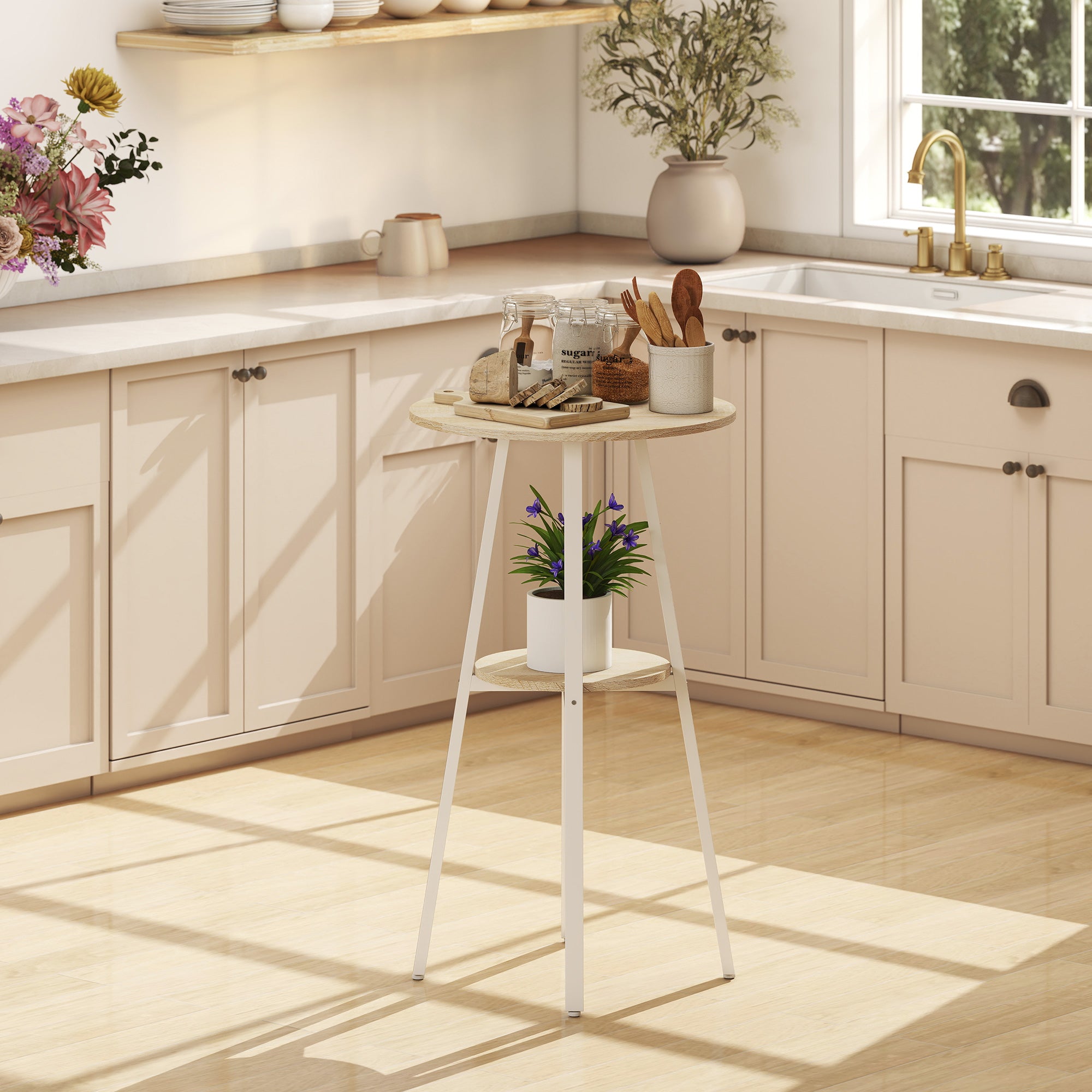 HOMCOM Round High Table with Shelf, Modern Kitchen or Dining Table, for 2 People, Natural and White