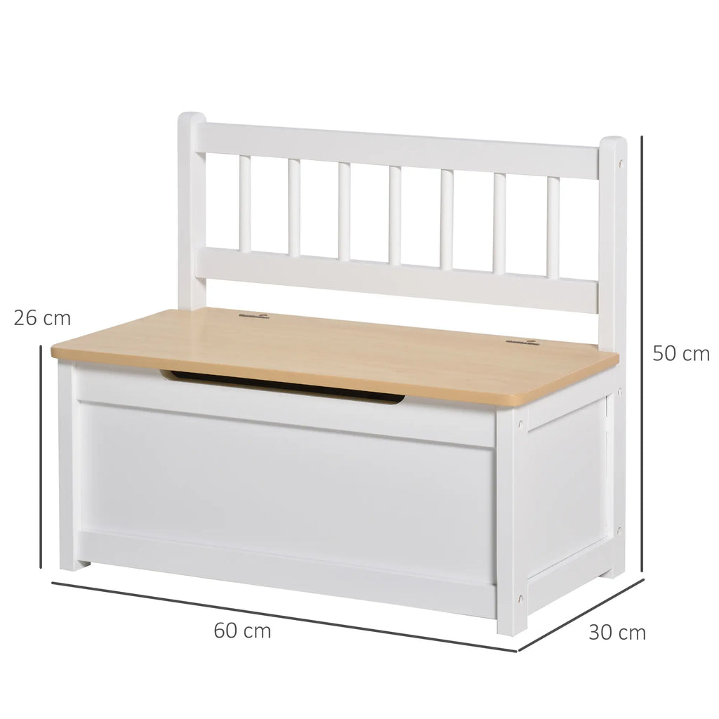 2 in 1 Wooden Children's Storage Chest with Piston for Safe Closing, 60x30x50cm White and Natural Wood