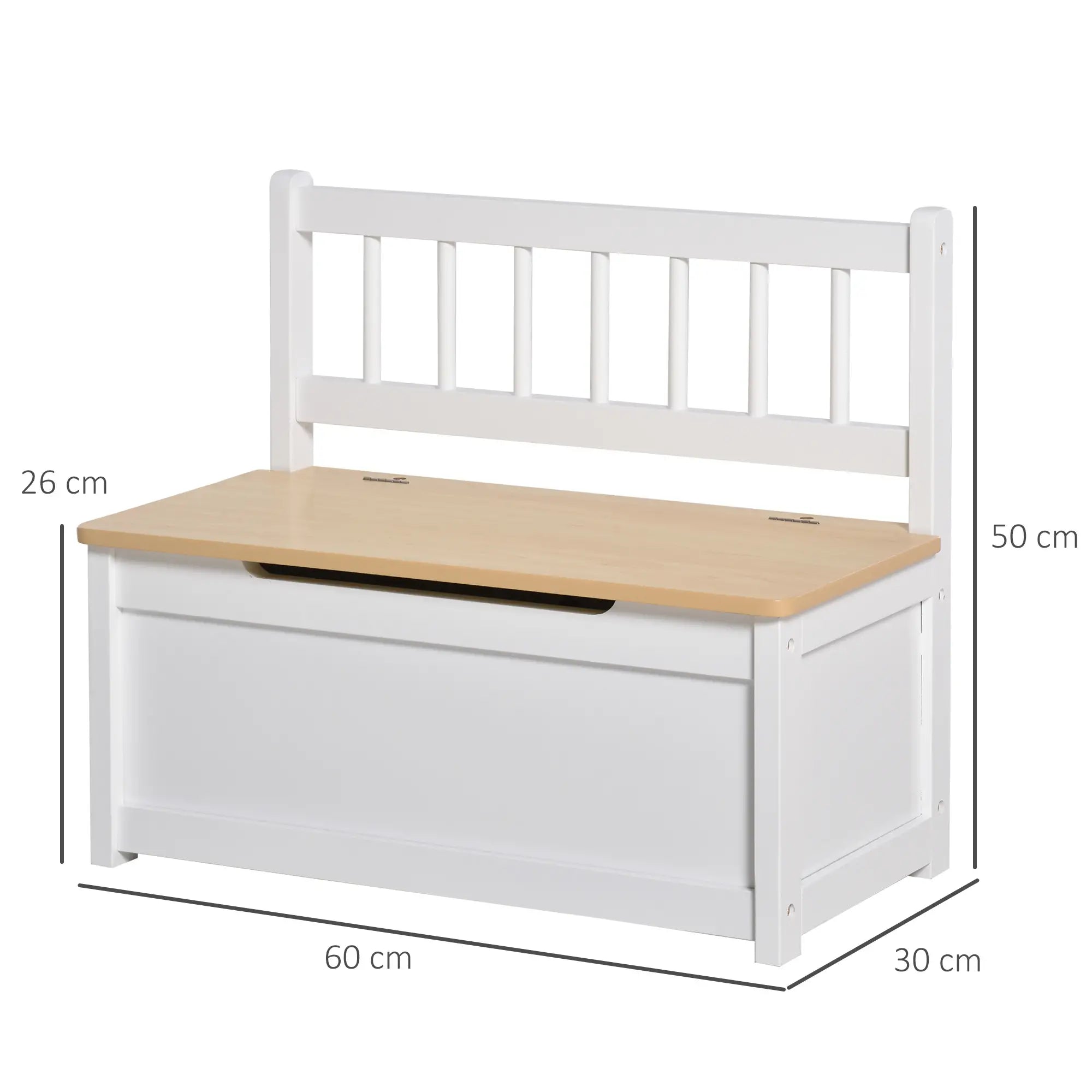 2 in 1 Wooden Children's Storage Chest with Piston for Safe Closing, 60x30x50cm White and Natural Wood