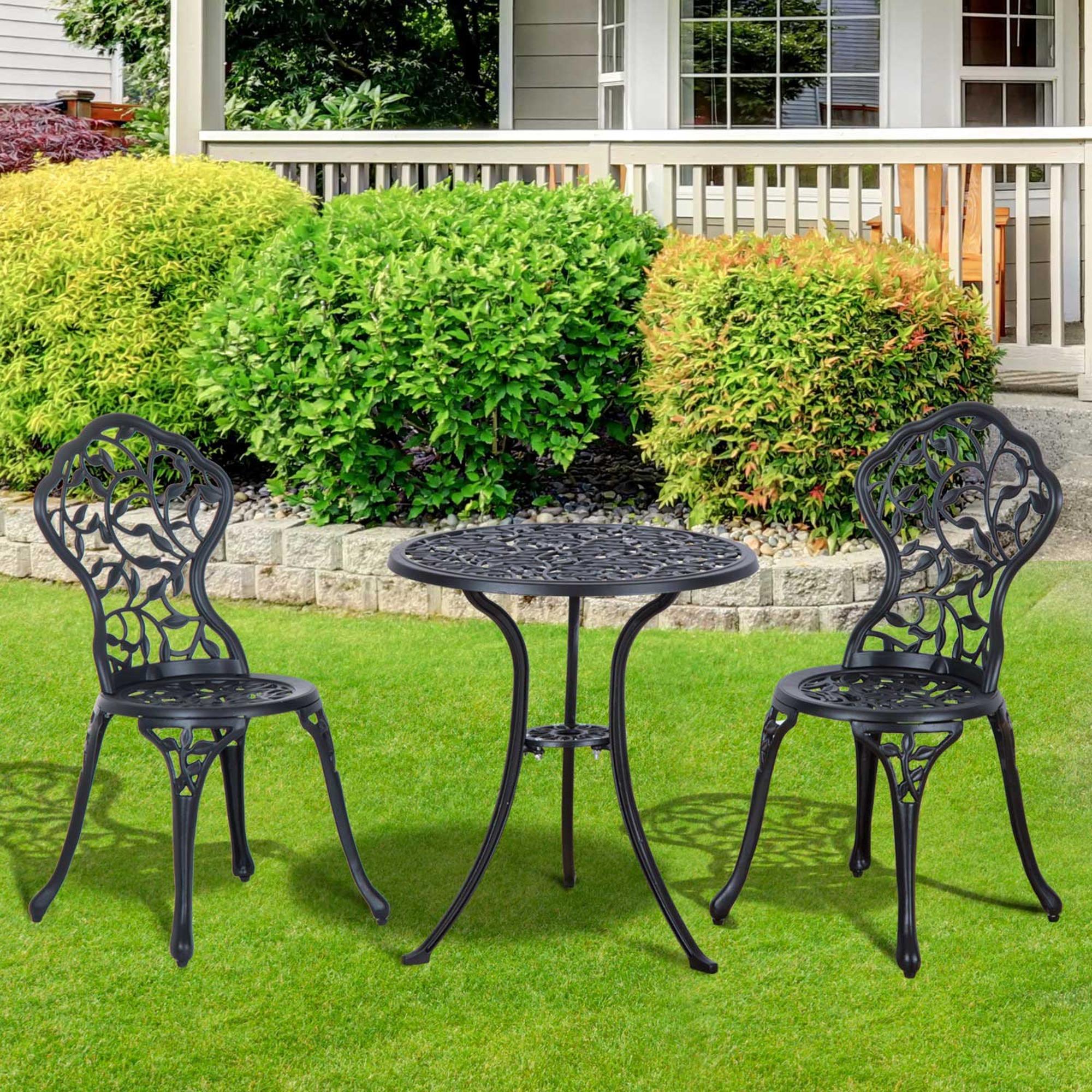 3-Piece Garden Set with 2 Outdoor Chairs and Round Aluminum Table, Black