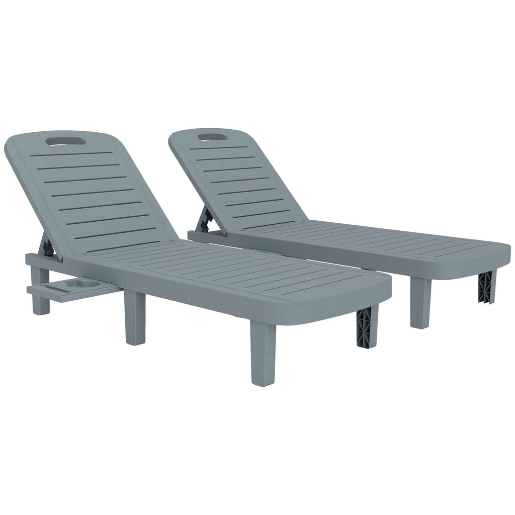 Outsunny Set of 2 Sun Loungers with Adjustable Backrest and Trays, in Polypropylene, 62x158x88 cm, Dark Grey