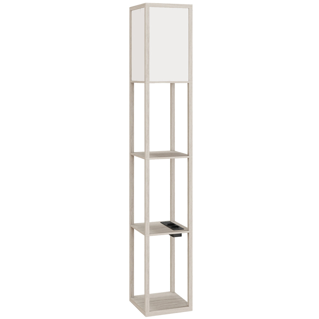 HOMCOM Floor Lamp with Shelves, Dimmable Light, Foot Switch and USB Ports, White and Oak