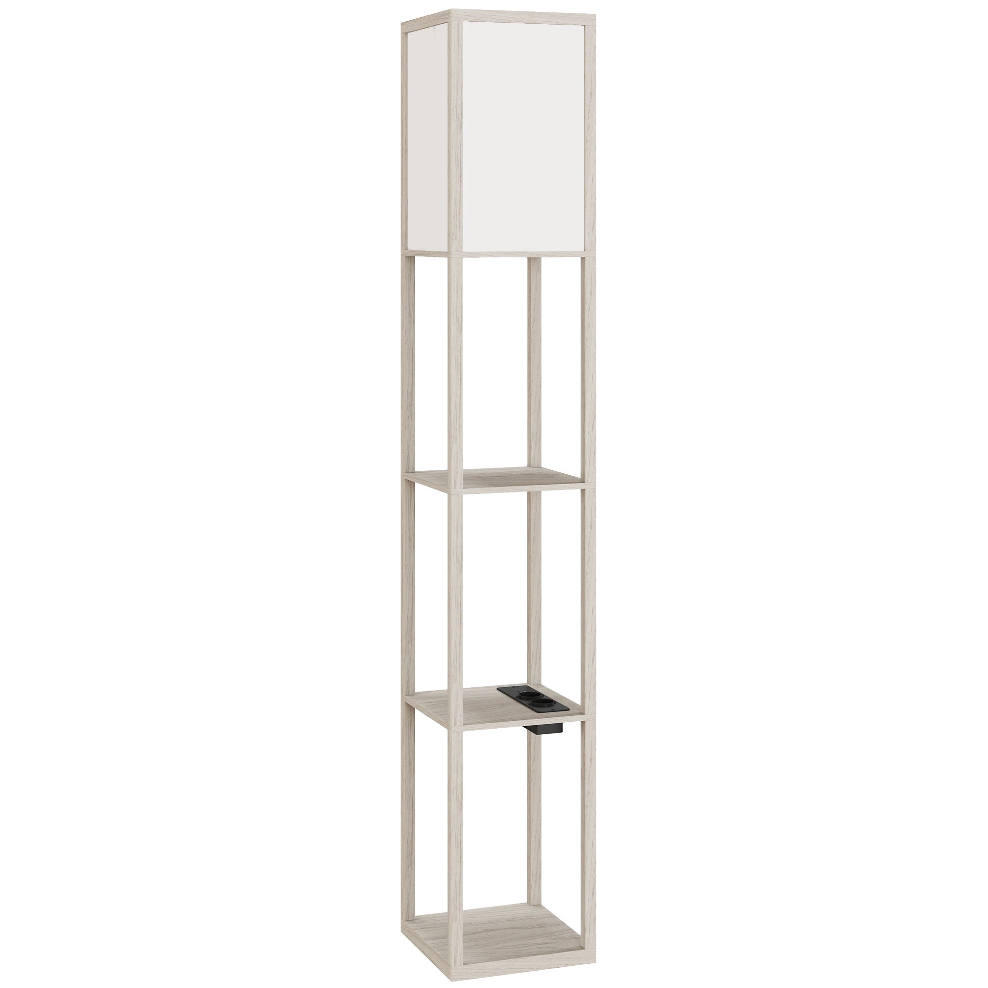 HOMCOM Floor Lamp with Shelves, Dimmable Light, Foot Switch and USB Ports, White and Oak