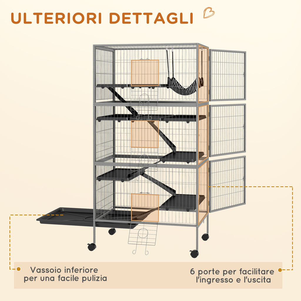 PawHut Rabbit Cage with 4 Entrances at Multiple Levels with Hammock, Steel and PP, 80x52x159 cm - Borgè