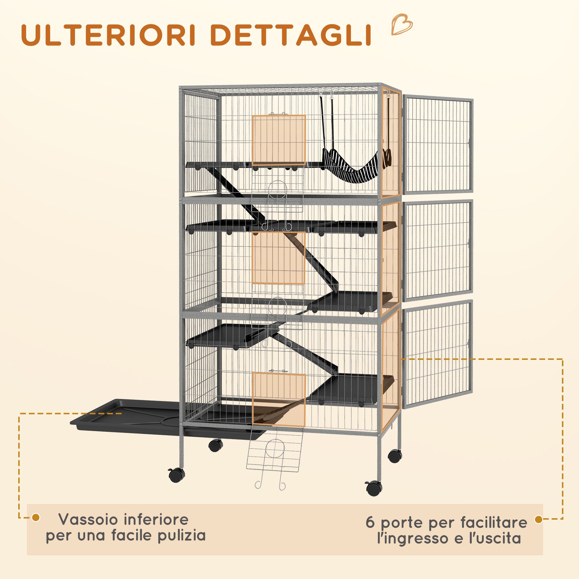 PawHut Rabbit Cage with 4 Entrances at Multiple Levels with Hammock, Steel and PP, 80x52x159 cm - Borgè