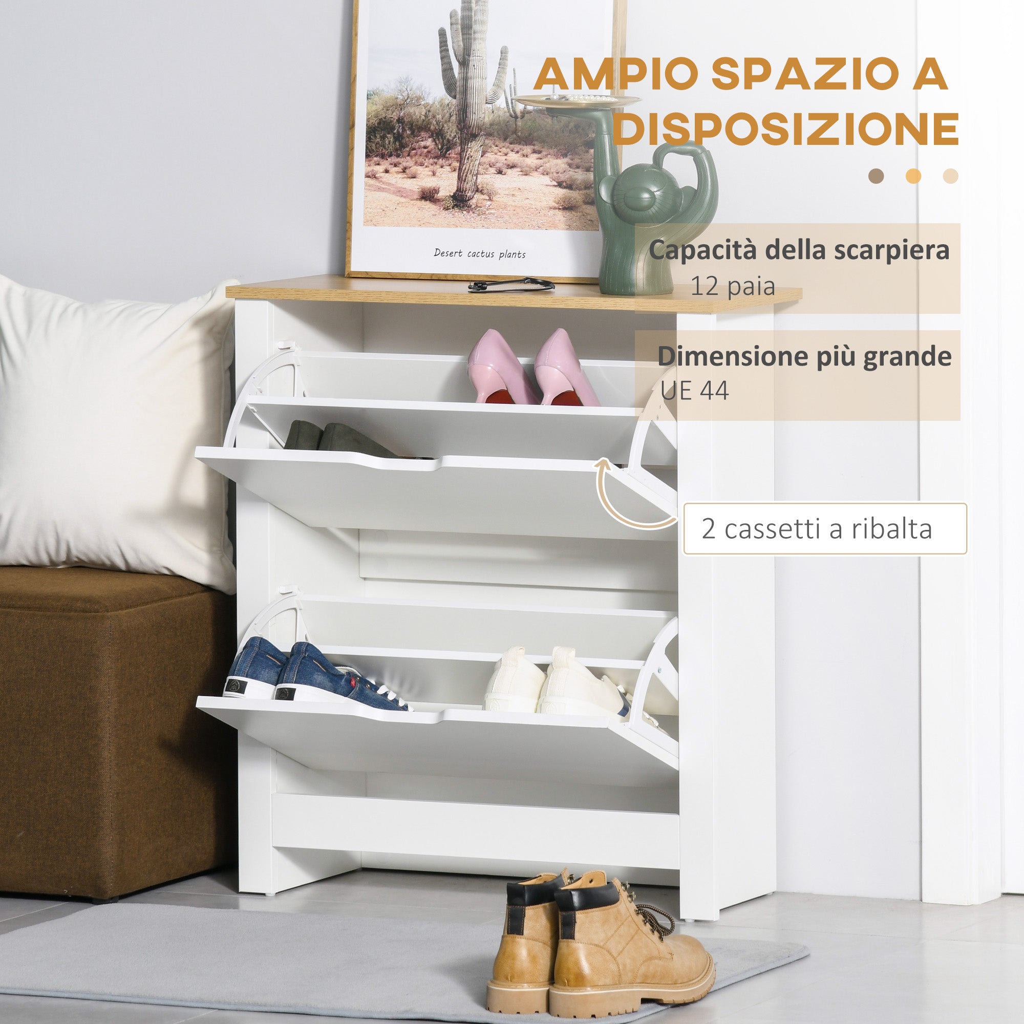 Modern Shoe Rack for 12 Pairs Max with 2 Adjustable and Removable Drawers, in Wood, 72x26x80 cm, White