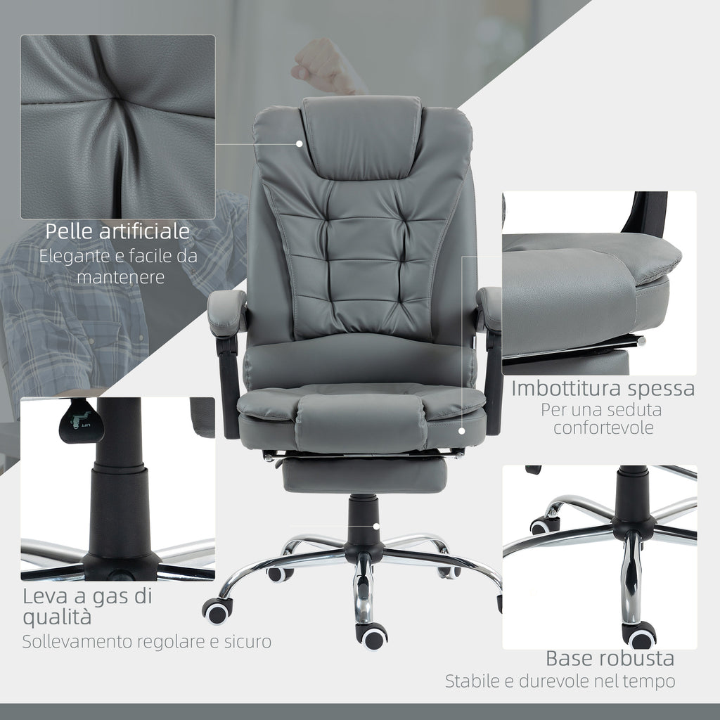 Ergonomic Office Chair 145° Reclining with Pull-Out Footrest in Faux Leather, Grey