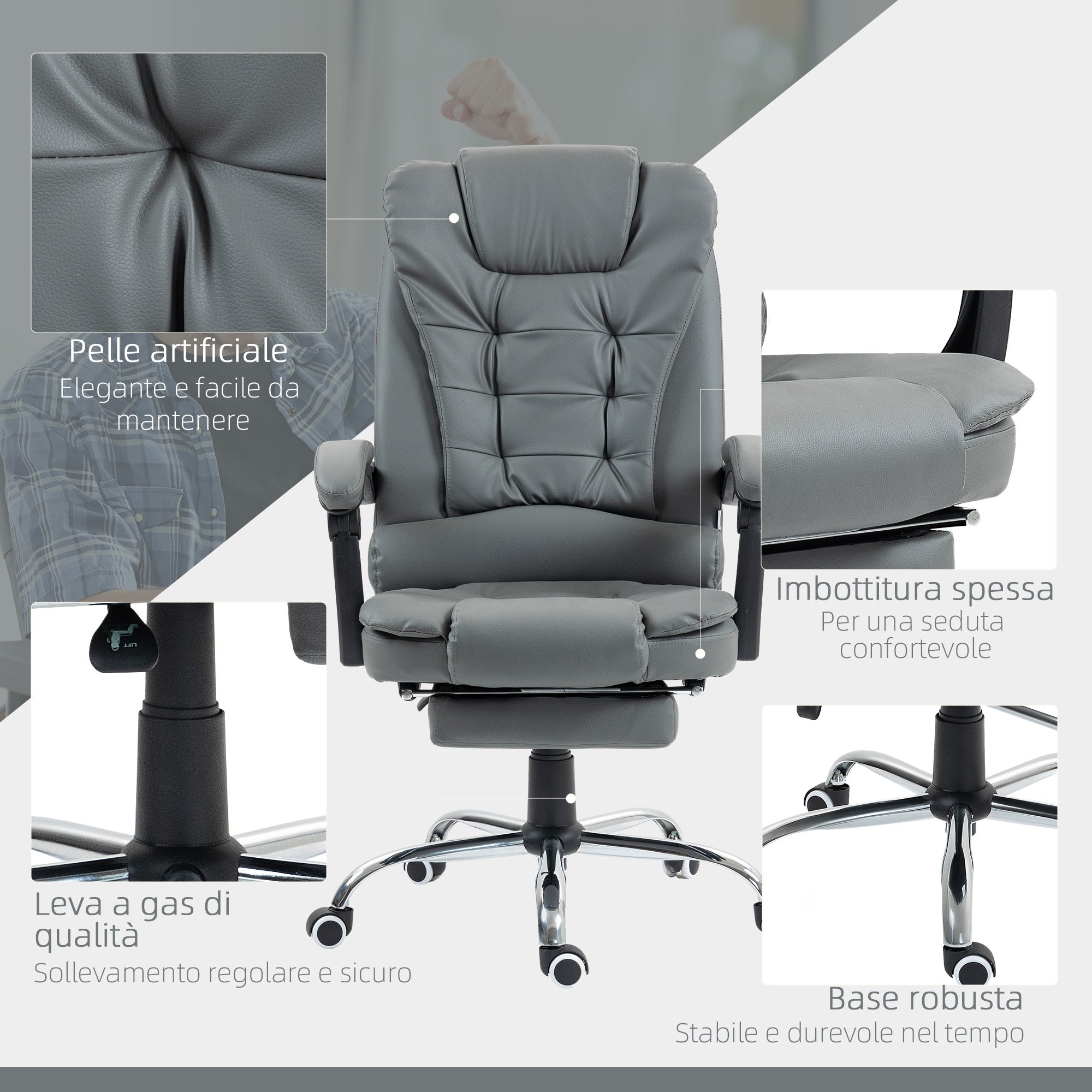 Ergonomic Office Chair 145° Reclining with Pull-Out Footrest in Faux Leather, Grey