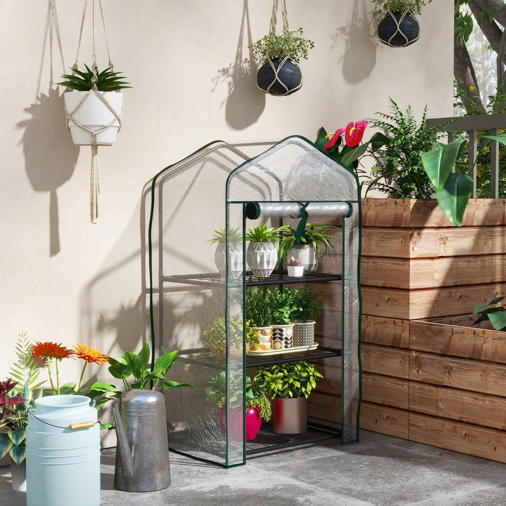 Outsunny Mini Garden Greenhouse with PE Cover, 3 Shelves and Roll-Up Door, 59x39x127 cm, Transparent