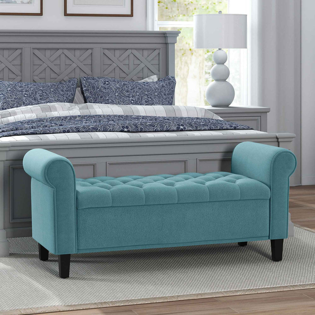 HOMCOM Velvet Fabric Bedside Bench with Storage Compartment and Armrests, 126x48.5x57 cm, Green