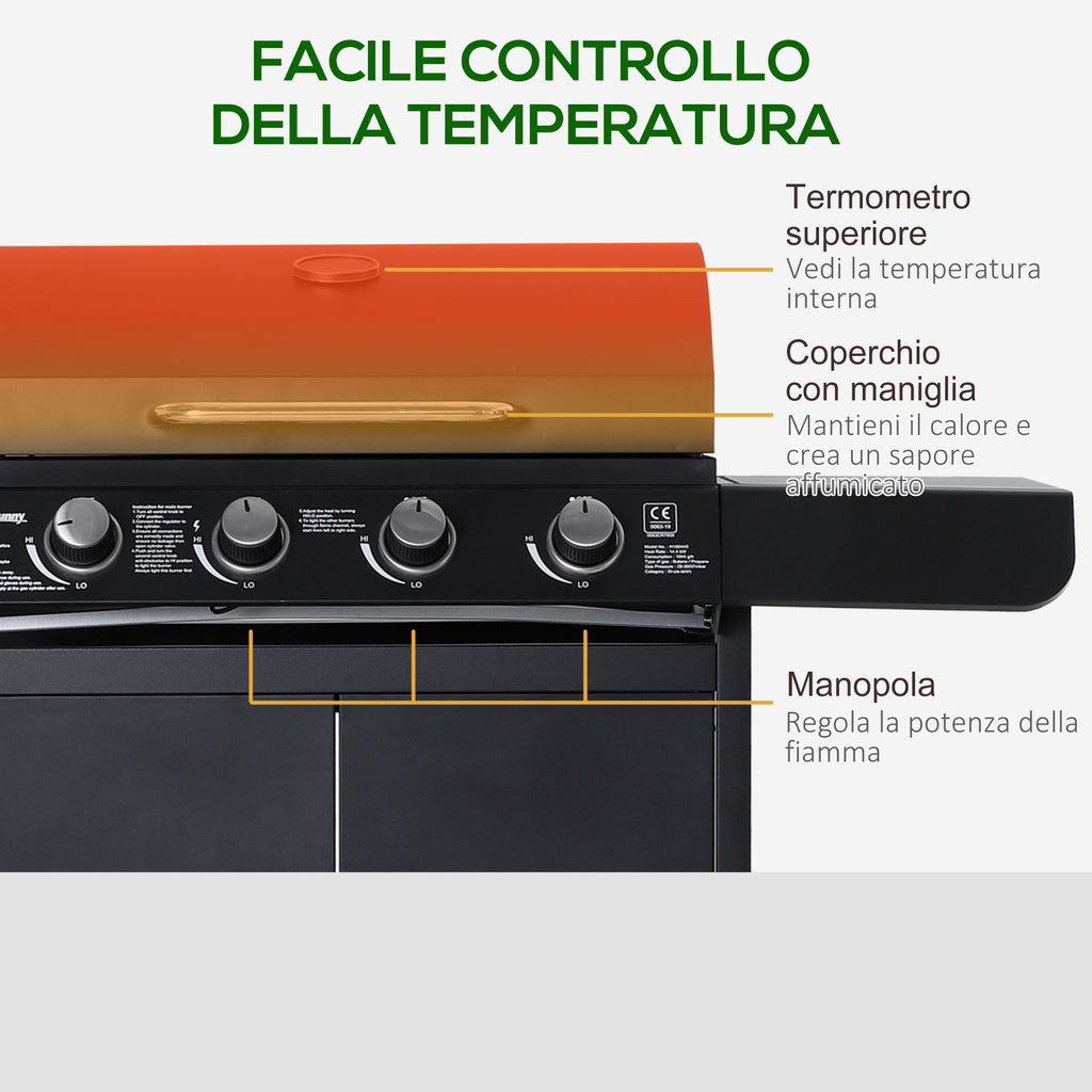 5 -stove gas barbecue outsunny with side shelves and locker, in steel and pp, 125x51x100 cm, black - Borgè