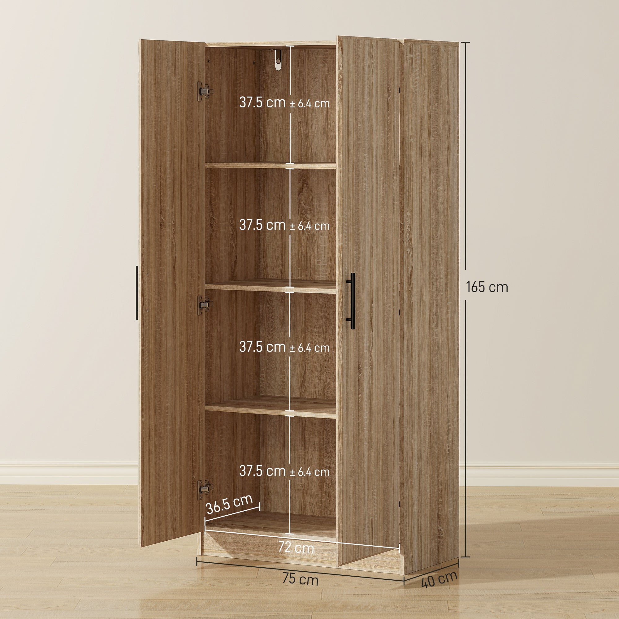 Modern Kitchen Sideboard with 2 Adjustable Shelves and Soft-Close Doors, 75x40x165 cm, Wood