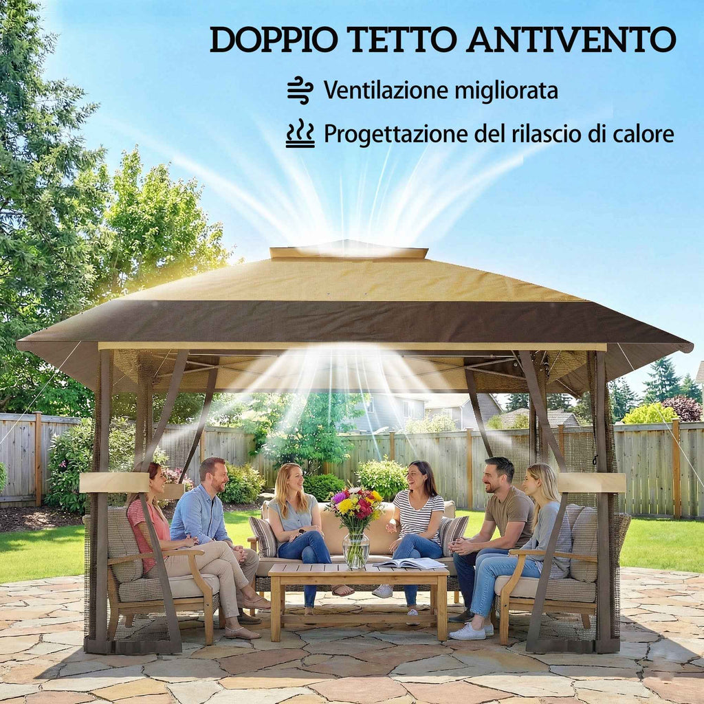 Outsunny 4x4m Folding Gazebo with 4 Side Mosquito Nets, Double Roof, and Sandbags, Khaki and Brown