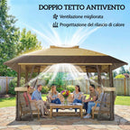 Outsunny 4x4m Folding Gazebo with 4 Side Mosquito Nets, Double Roof, and Sandbags, Khaki and Brown